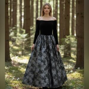 Vtg Scott McClintock Black Velvet Off Shoulder Floral Dress Gothic Dark Romance